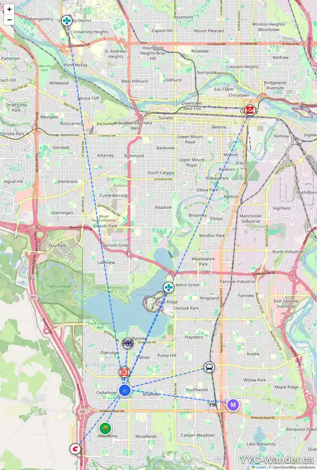 Daily accessibility map for 80 CEDARVIEW ME SW, Calgary showing nearby schools, grocery stores, parks, LRT stations and nearby amenities