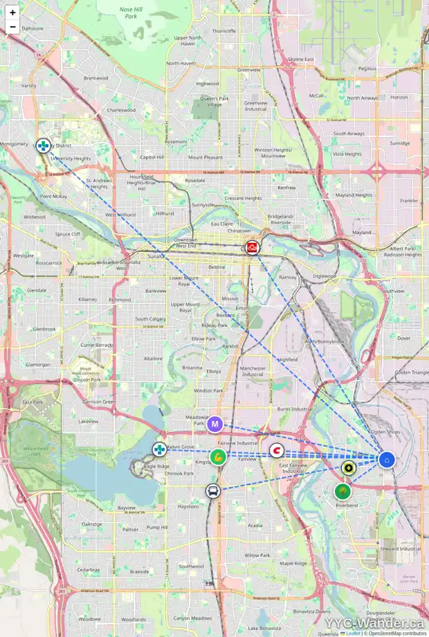 Daily accessibility map for 2714 74 AV SE, Calgary showing nearby schools, grocery stores, parks, LRT stations and nearby amenities