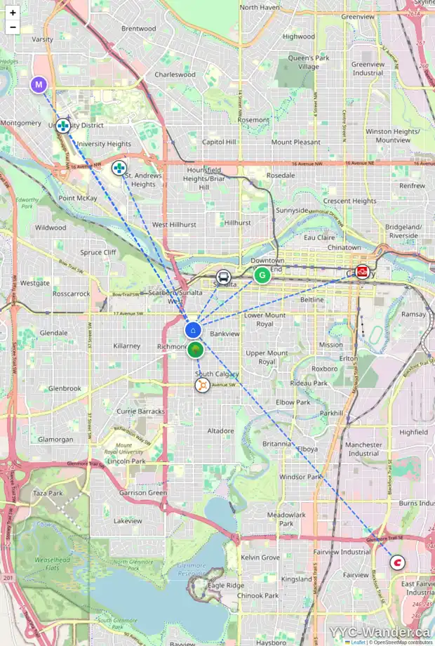 Daily accessibility map for 2114 21 AV SW, Calgary showing nearby schools, grocery stores, parks, LRT stations and nearby amenities