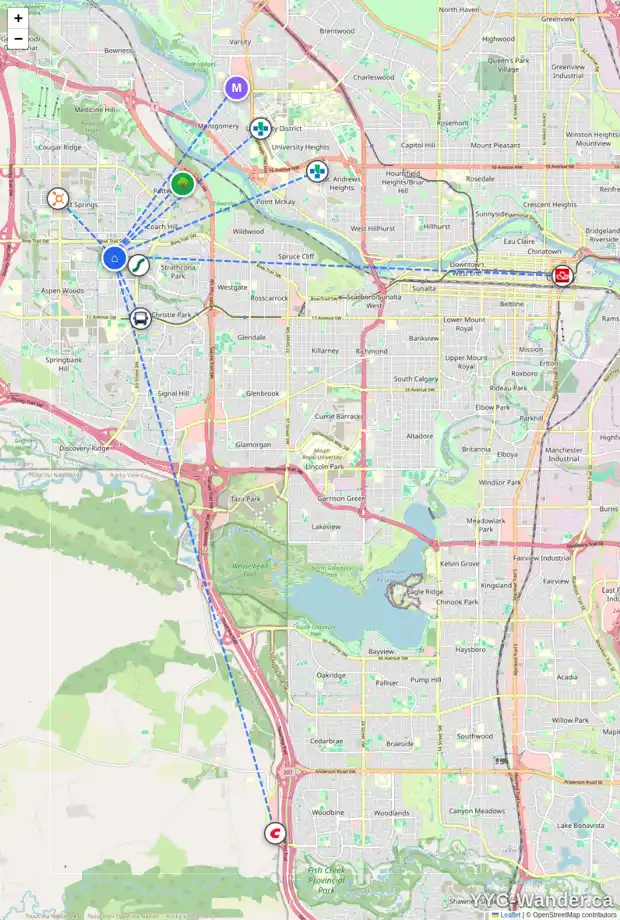 Daily accessibility map for 63 STRATHRIDGE GD SW, Calgary showing nearby schools, grocery stores, parks, LRT stations and nearby amenities