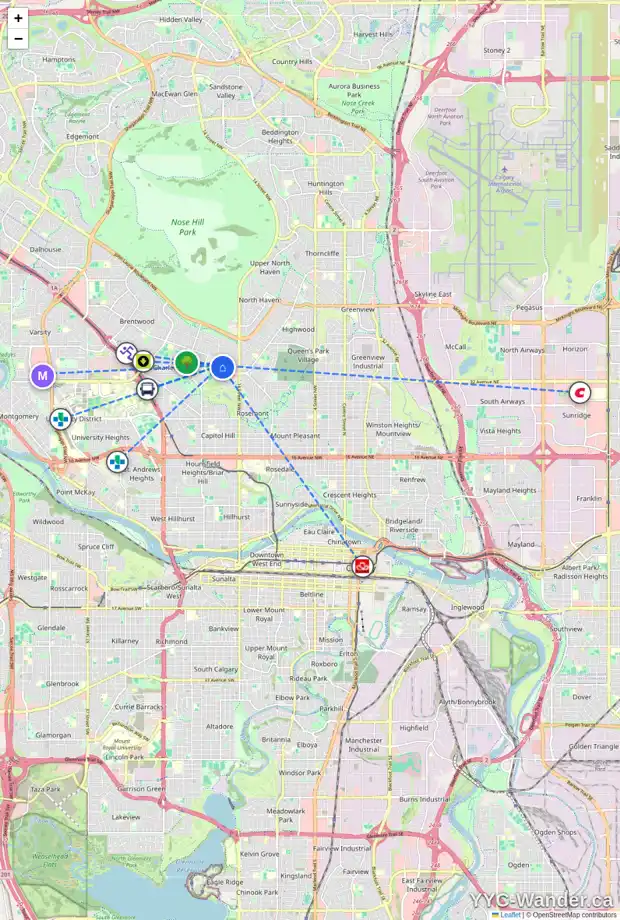 Daily accessibility map for 851 NORTHMOUNT DR NW, Calgary showing nearby schools, grocery stores, parks, LRT stations and nearby amenities