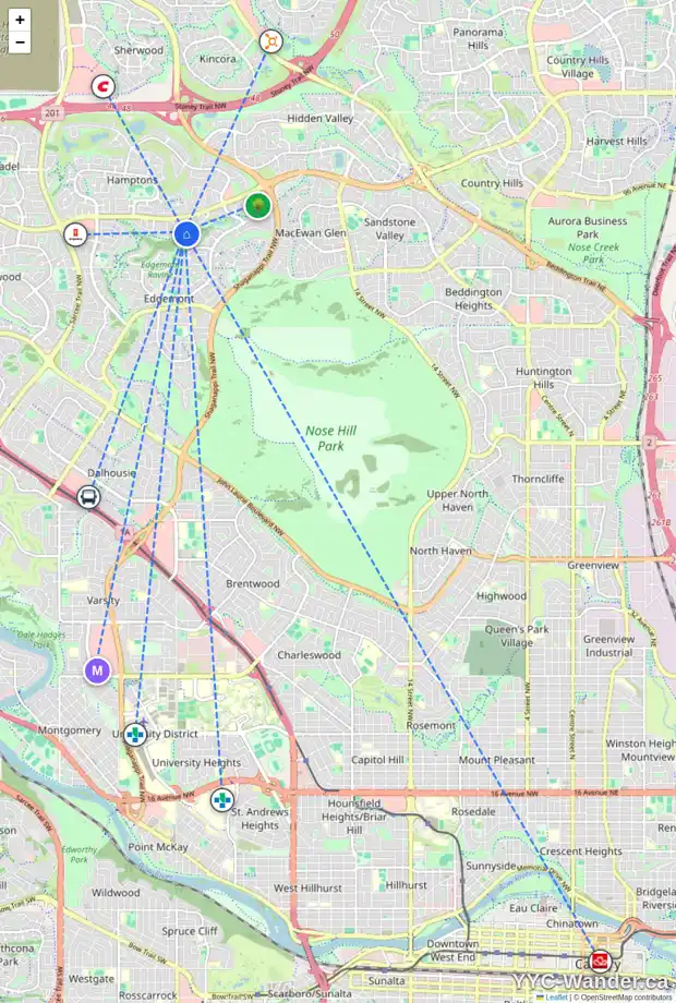Daily accessibility map for 119 EDGERIDGE PA NW, Calgary showing nearby schools, grocery stores, parks, LRT stations and nearby amenities