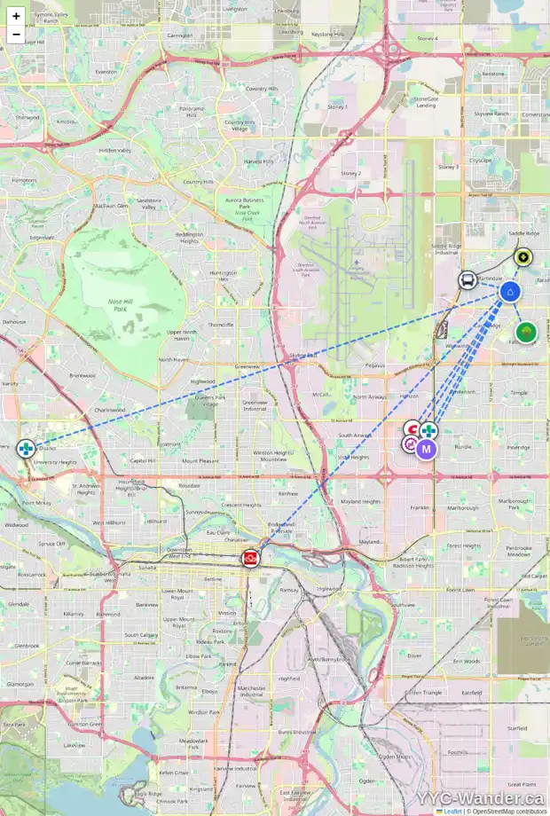 Daily accessibility map for 46 MARTINWOOD CO NE, Calgary showing nearby schools, grocery stores, parks, LRT stations and nearby amenities
