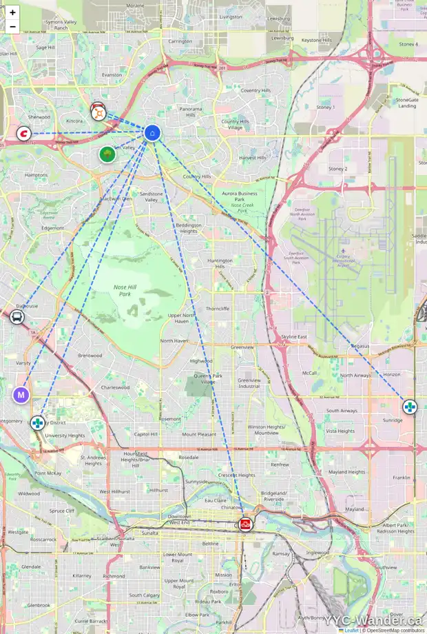Daily accessibility map for 128 HIDDEN CREEK PA NW, Calgary showing nearby schools, grocery stores, parks, LRT stations and nearby amenities