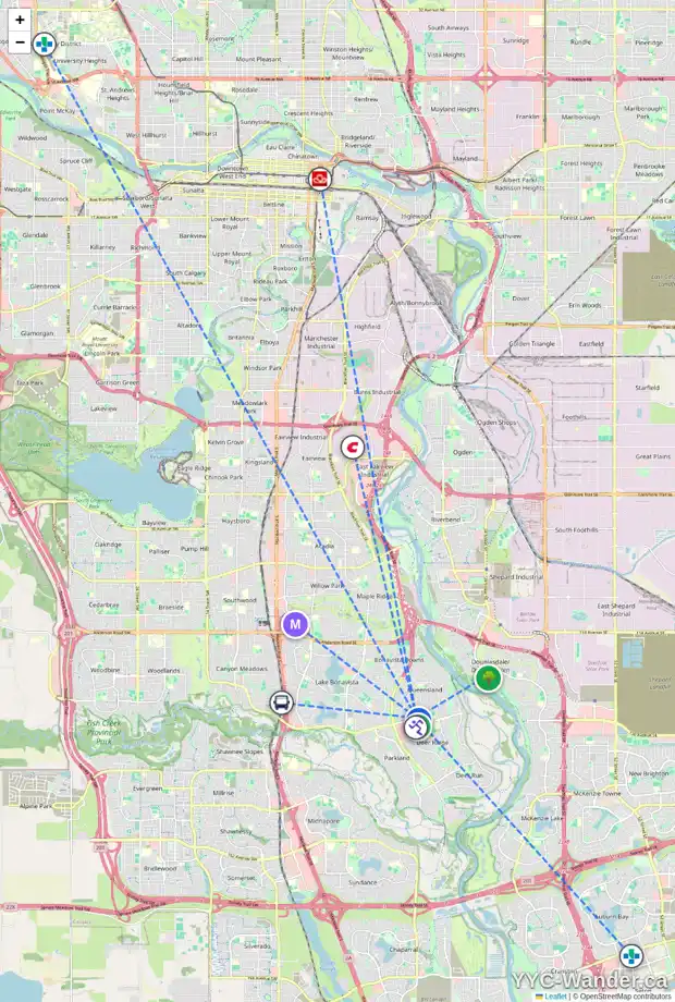 Daily accessibility map for 307 QUEENSLAND RD SE, Calgary showing nearby schools, grocery stores, parks, LRT stations and nearby amenities
