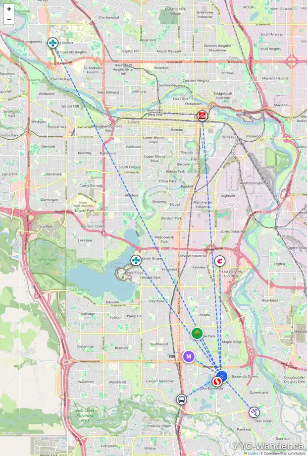 Daily accessibility map for 12128 LAKE WATERTON CR SE, Calgary showing nearby schools, grocery stores, parks, LRT stations and nearby amenities