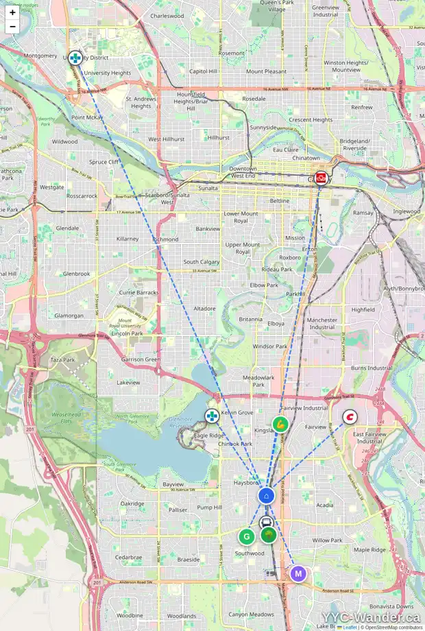Daily accessibility map for 46 HARROW PL SW, Calgary showing nearby schools, grocery stores, parks, LRT stations and nearby amenities