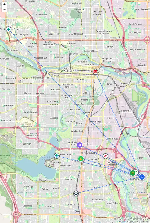 Daily accessibility map for 59 RIVERCROFT CL SE, Calgary showing nearby schools, grocery stores, parks, LRT stations and nearby amenities