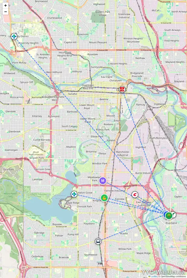 Daily accessibility map for 911 RIVERBEND DR SE, Calgary showing nearby schools, grocery stores, parks, LRT stations and nearby amenities