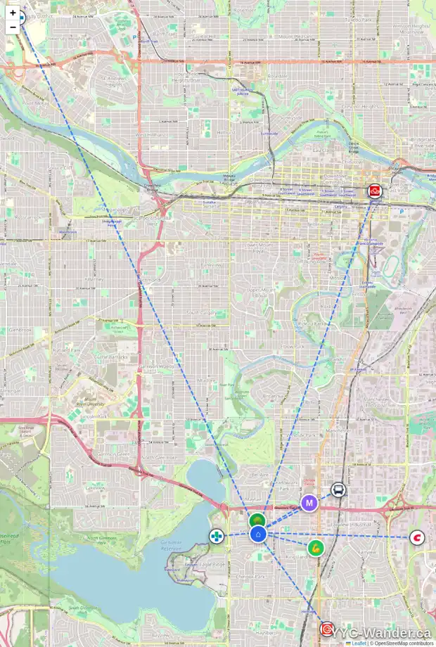 Daily accessibility map for 1051 KILDONAN CR SW, Calgary showing nearby schools, grocery stores, parks, LRT stations and nearby amenities