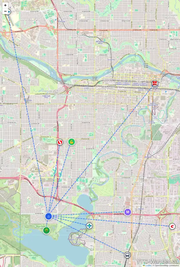 Daily accessibility map for 6713 LAIRD CO SW, Calgary showing nearby schools, grocery stores, parks, LRT stations and nearby amenities