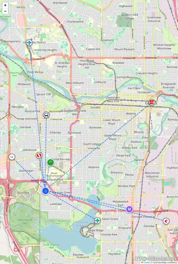 Daily accessibility map for 3607 54 AV SW, Calgary showing nearby schools, grocery stores, parks, LRT stations and nearby amenities