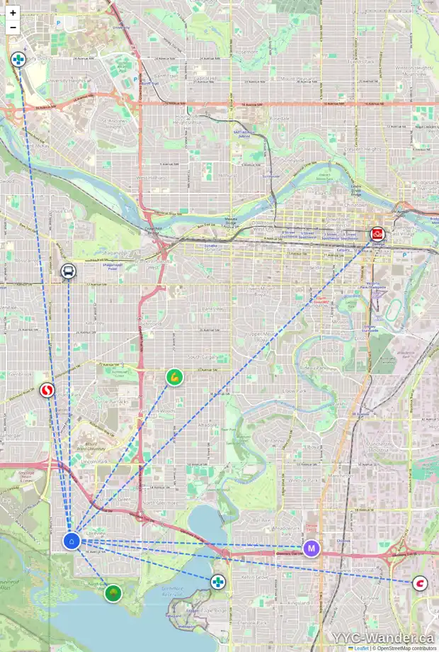 Daily accessibility map for 6508 34 ST SW, Calgary showing nearby schools, grocery stores, parks, LRT stations and nearby amenities