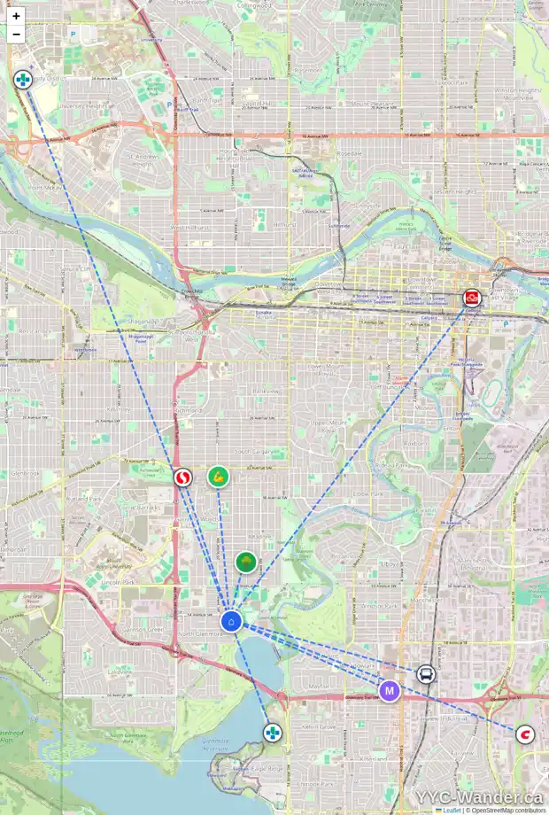 Daily accessibility map for 2008 55 AV SW, Calgary showing nearby schools, grocery stores, parks, LRT stations and nearby amenities