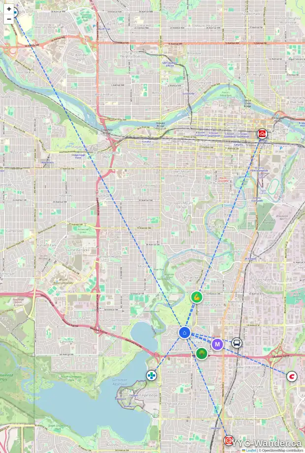 Daily accessibility map for 1104 BELAVISTA CR SW, Calgary showing nearby schools, grocery stores, parks, LRT stations and nearby amenities