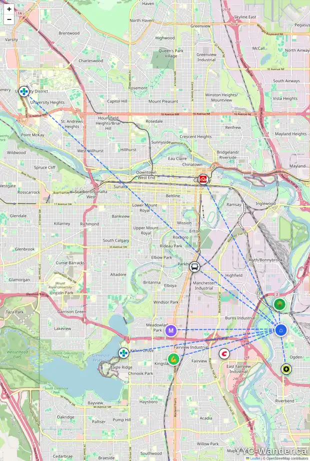 Daily accessibility map for 6404 17A ST SE, Calgary showing nearby schools, grocery stores, parks, LRT stations and nearby amenities