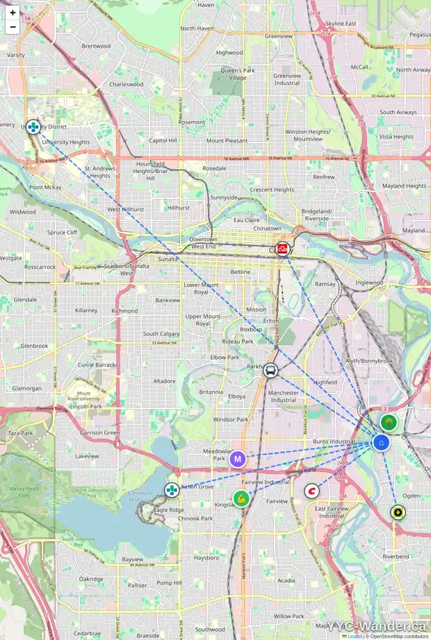 Daily accessibility map for 319 LYNNVIEW RD SE, Calgary showing nearby schools, grocery stores, parks, LRT stations and nearby amenities