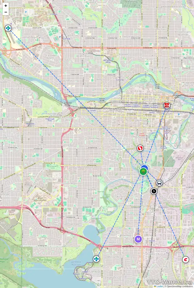 Daily accessibility map for 3603 3 ST SW, Calgary showing nearby schools, grocery stores, parks, LRT stations and nearby amenities