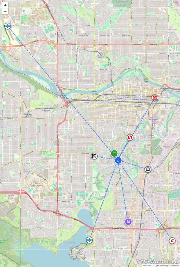 Daily accessibility map for 3806 7 ST SW, Calgary showing nearby schools, grocery stores, parks, LRT stations and nearby amenities