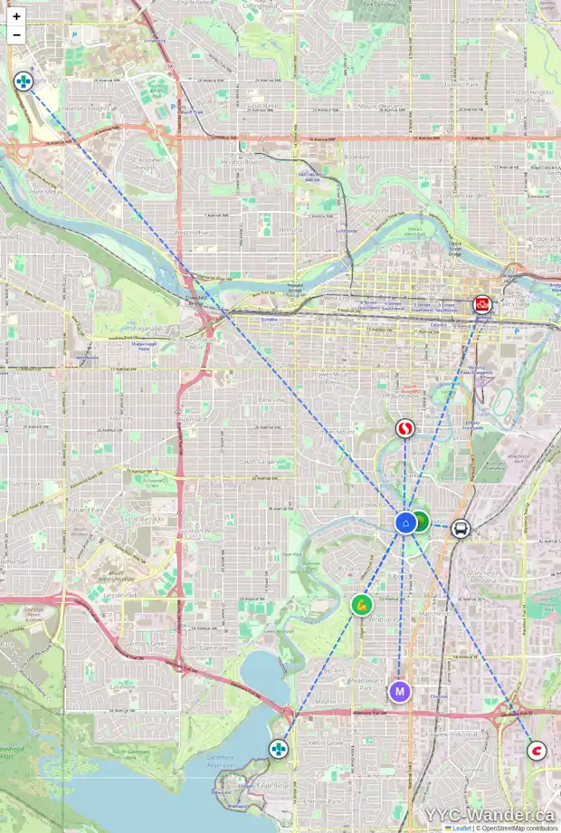 Daily accessibility map for 224 40 AV SW, Calgary showing nearby schools, grocery stores, parks, LRT stations and nearby amenities