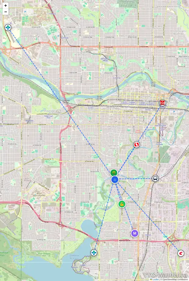 Daily accessibility map for 1115 RIVERDALE AV SW, Calgary showing nearby schools, grocery stores, parks, LRT stations and nearby amenities