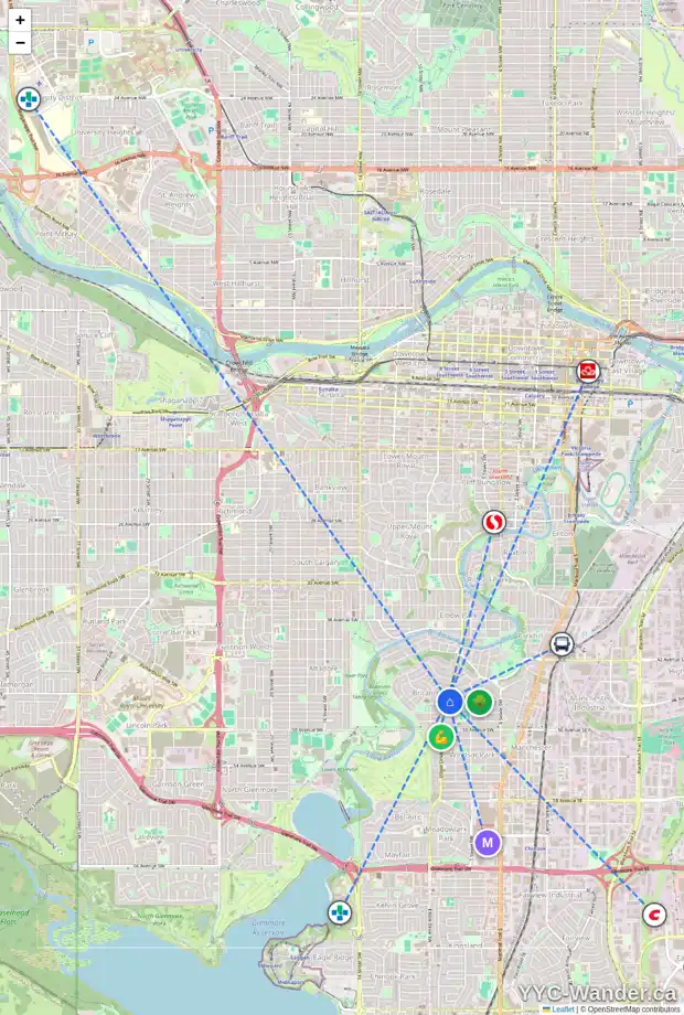 Daily accessibility map for 4730 ELBOW DR SW, Calgary showing nearby schools, grocery stores, parks, LRT stations and nearby amenities