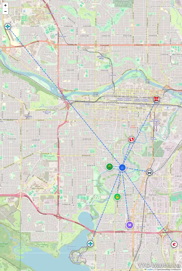 Daily accessibility map for 502 SIFTON BV SW, Calgary showing nearby schools, grocery stores, parks, LRT stations and nearby amenities
