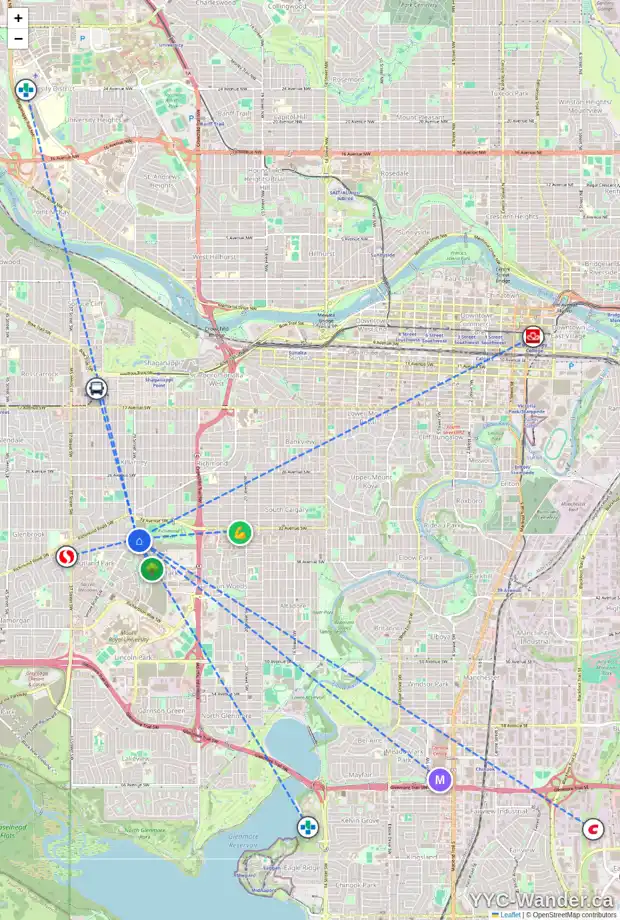 Daily accessibility map for 3600 SARCEE RD SW, Calgary showing nearby schools, grocery stores, parks, LRT stations and nearby amenities