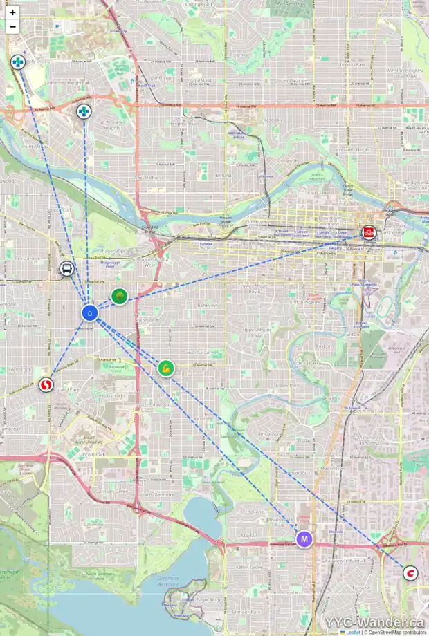 Daily accessibility map for 2406 30 ST SW, Calgary showing nearby schools, grocery stores, parks, LRT stations and nearby amenities