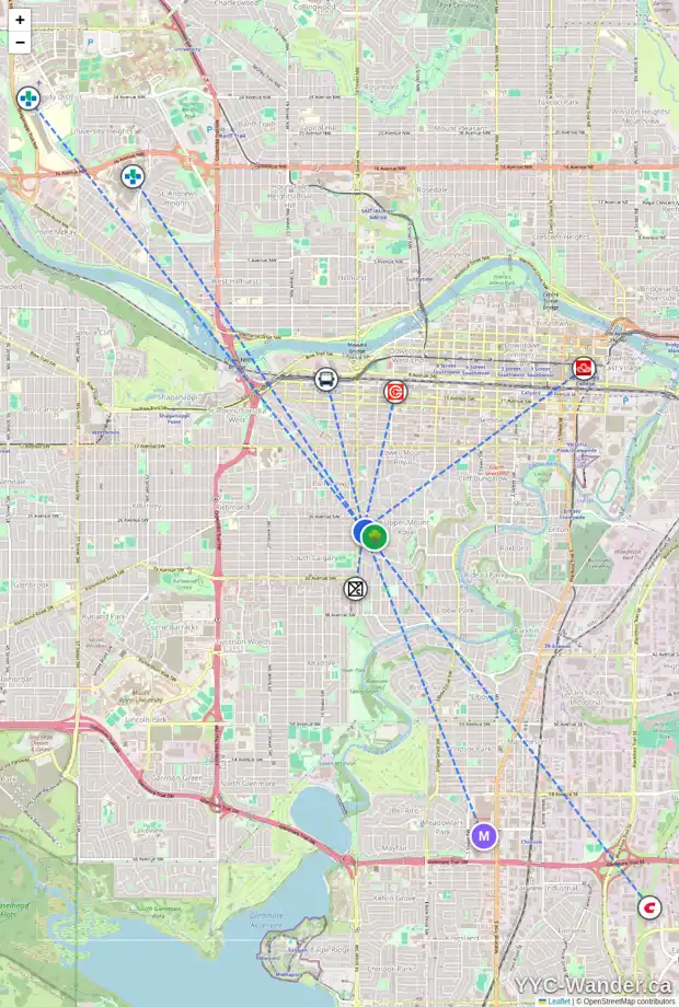 Daily accessibility map for 2905 WOLFE ST SW, Calgary showing nearby schools, grocery stores, parks, LRT stations and nearby amenities