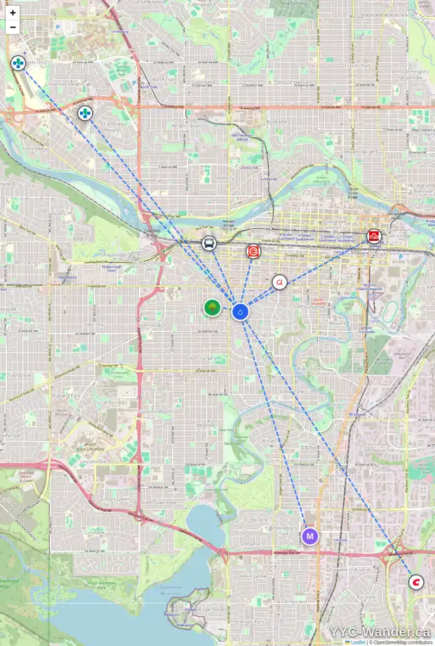 Daily accessibility map for 1309 COLBORNE CR SW, Calgary showing nearby schools, grocery stores, parks, LRT stations and nearby amenities