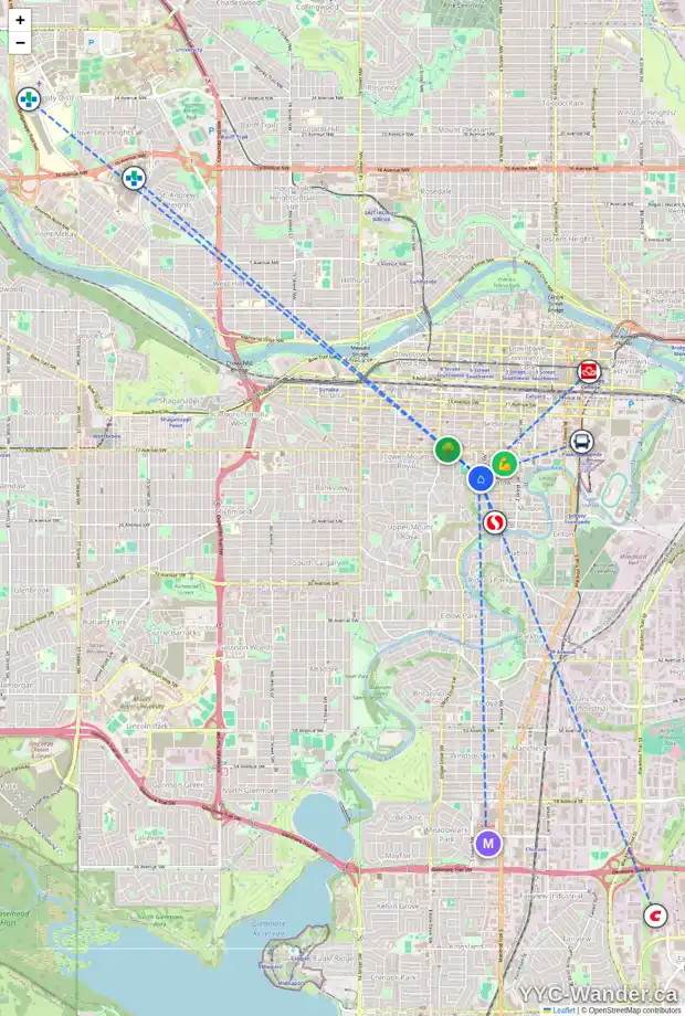 Daily accessibility map for 9 614 ROYAL AV SW, Calgary showing nearby schools, grocery stores, parks, LRT stations and nearby amenities