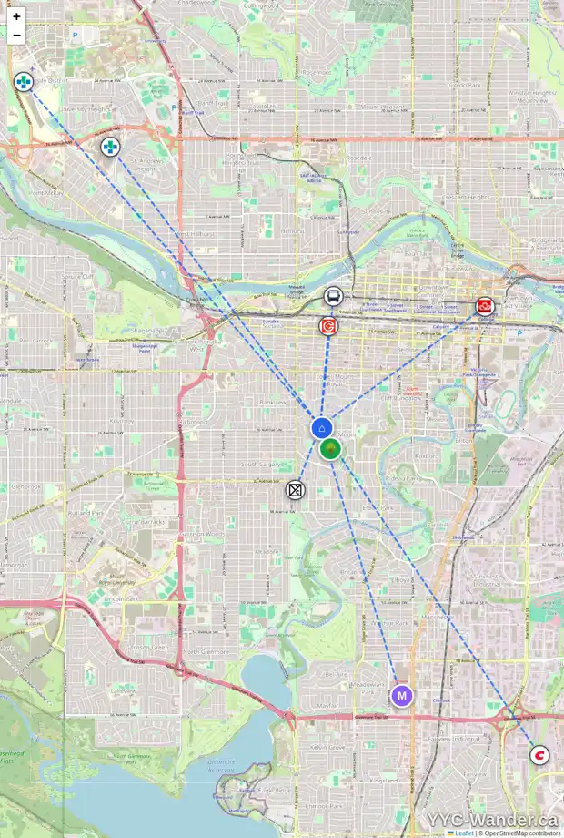 Daily accessibility map for 1207 MONTREAL AV SW, Calgary showing nearby schools, grocery stores, parks, LRT stations and nearby amenities