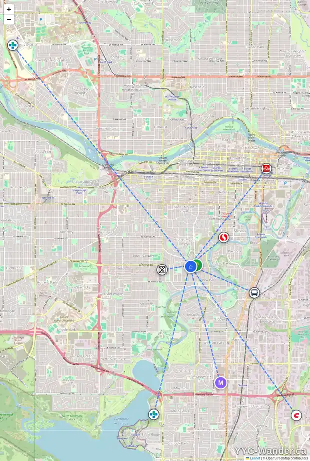 Daily accessibility map for 3412 8A ST SW, Calgary showing nearby schools, grocery stores, parks, LRT stations and nearby amenities
