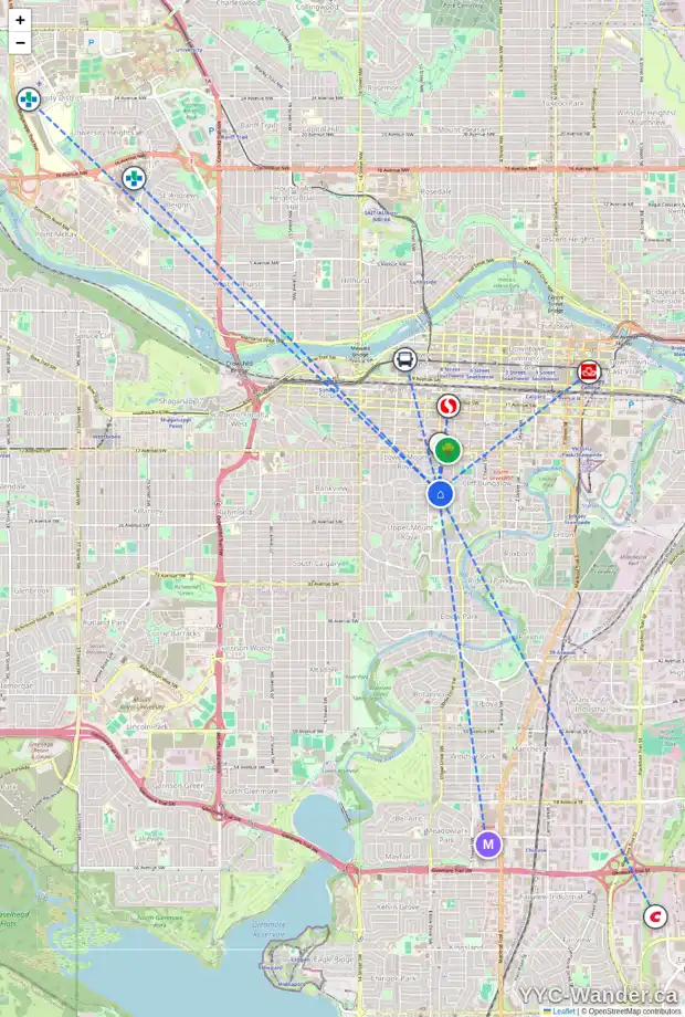 Daily accessibility map for 2108 AMHERST ST SW, Calgary showing nearby schools, grocery stores, parks, LRT stations and nearby amenities