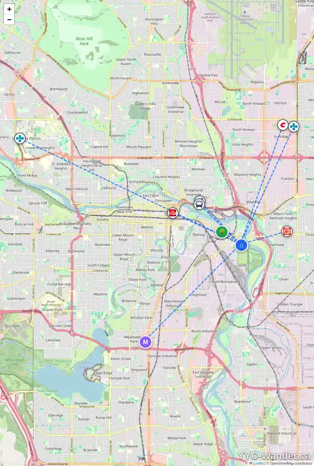Daily accessibility map for 2032 9 AV SE, Calgary showing nearby schools, grocery stores, parks, LRT stations and nearby amenities