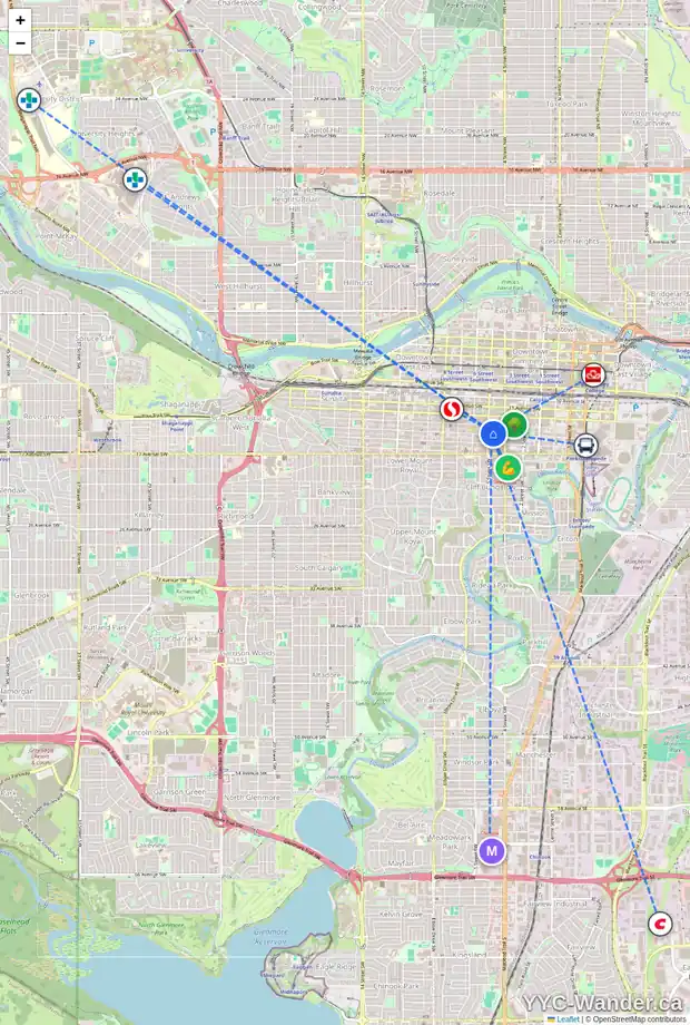 Daily accessibility map for 840 540 14 AV SW, Calgary showing nearby schools, grocery stores, parks, LRT stations and nearby amenities