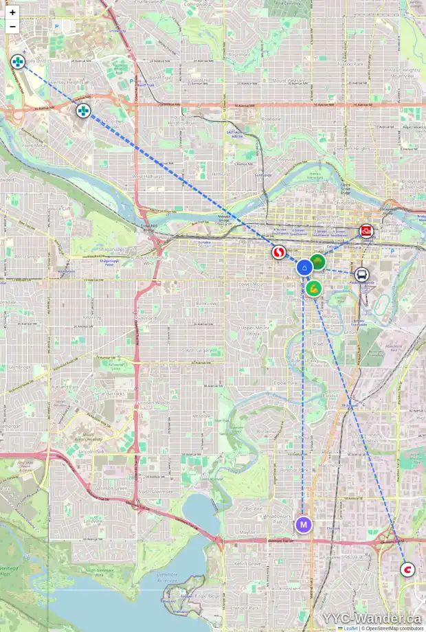 Daily accessibility map for 1130 540 14 AV SW, Calgary showing nearby schools, grocery stores, parks, LRT stations and nearby amenities