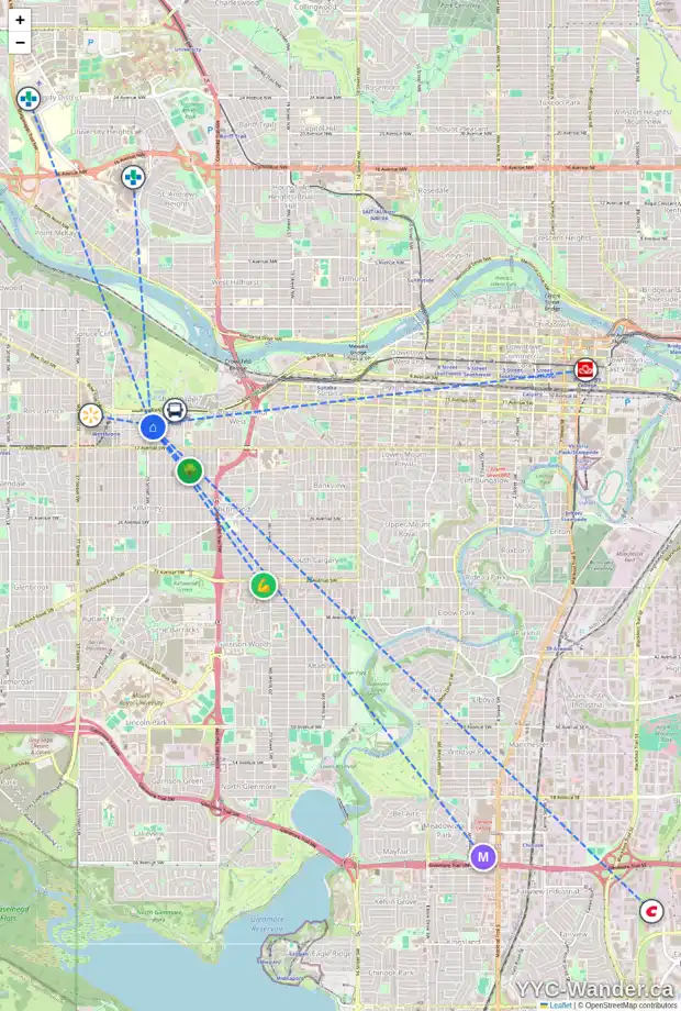 Daily accessibility map for 1436 29 ST SW, Calgary showing nearby schools, grocery stores, parks, LRT stations and nearby amenities