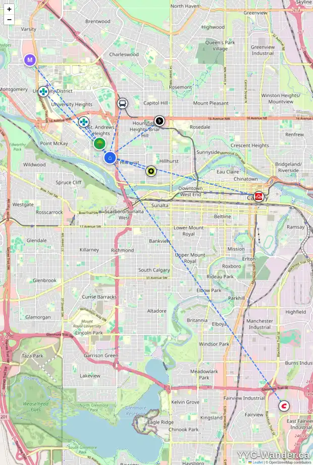 Daily accessibility map for 2613 5 AV NW, Calgary showing nearby schools, grocery stores, parks, LRT stations and nearby amenities