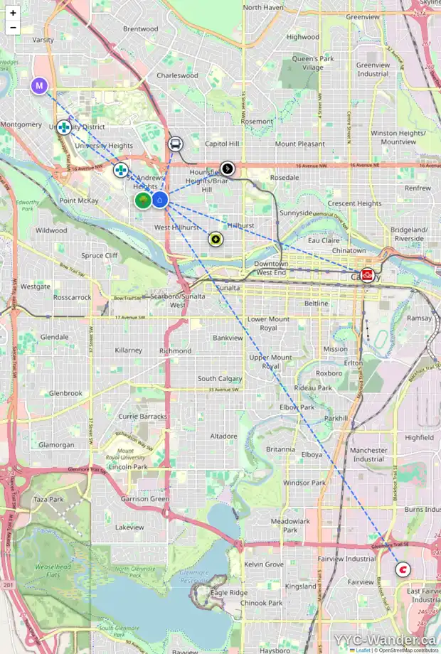 Daily accessibility map for 2527 11 AV NW, Calgary showing nearby schools, grocery stores, parks, LRT stations and nearby amenities