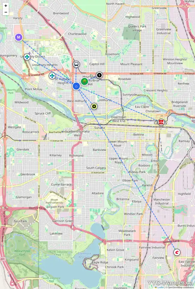 Daily accessibility map for 2319 JUNIPER RD NW, Calgary showing nearby schools, grocery stores, parks, LRT stations and nearby amenities