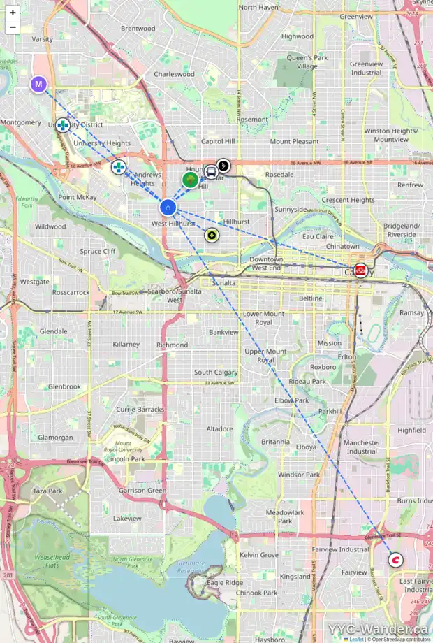 Daily accessibility map for 2428 6 AV NW, Calgary showing nearby schools, grocery stores, parks, LRT stations and nearby amenities