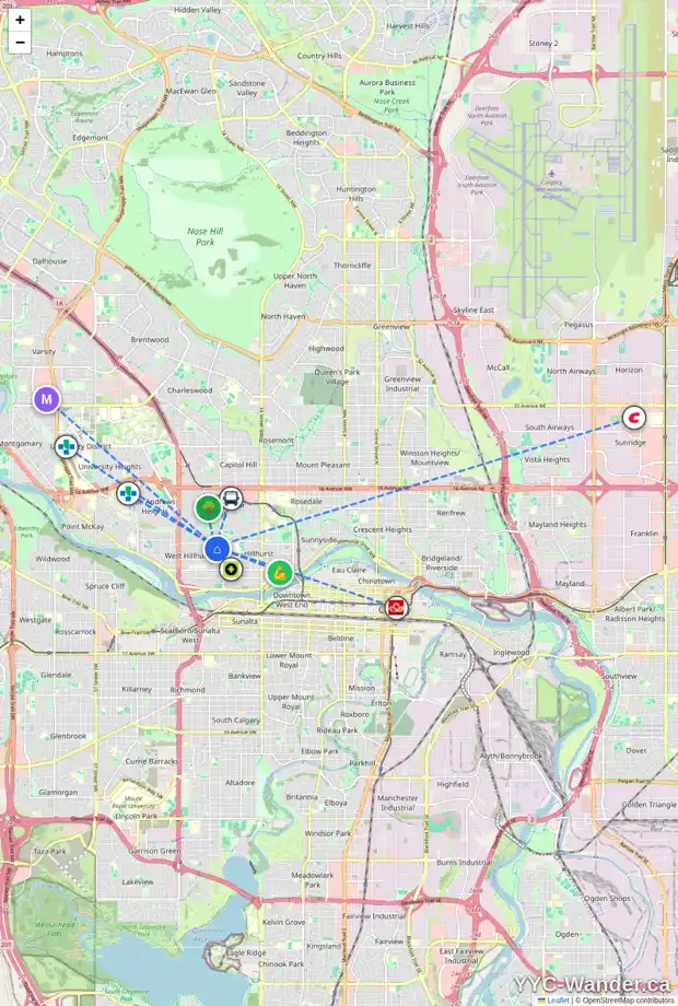 Daily accessibility map for 510 20 ST NW, Calgary showing nearby schools, grocery stores, parks, LRT stations and nearby amenities