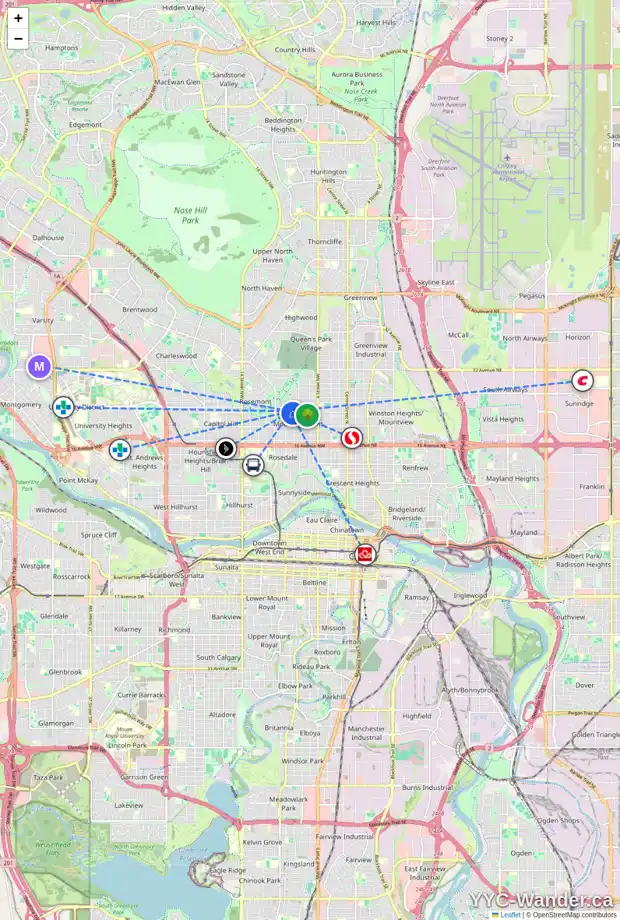 Daily accessibility map for 814 23 AV NW, Calgary showing nearby schools, grocery stores, parks, LRT stations and nearby amenities