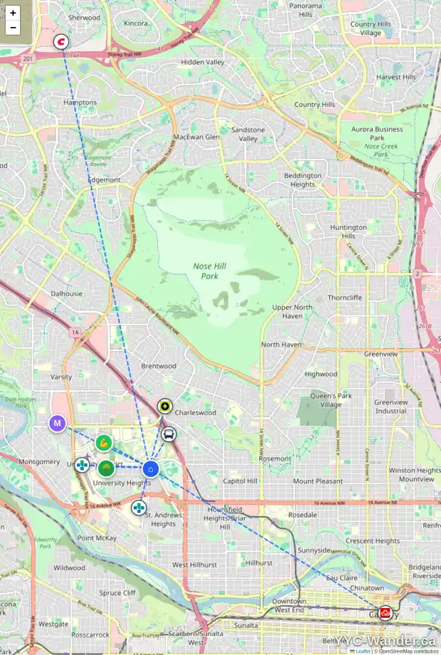 Daily accessibility map for 2323 USHER RD NW, Calgary showing nearby schools, grocery stores, parks, LRT stations and nearby amenities