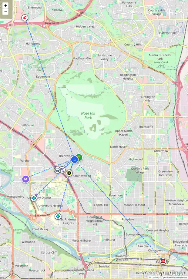 Daily accessibility map for 4208 26 ST NW, Calgary showing nearby schools, grocery stores, parks, LRT stations and nearby amenities