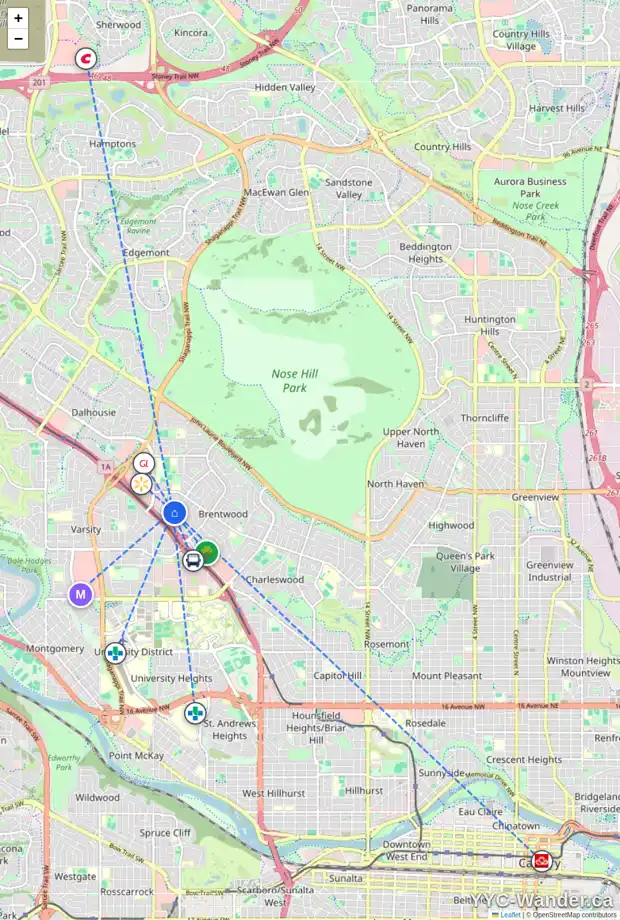Daily accessibility map for 3407 BUTTON RD NW, Calgary showing nearby schools, grocery stores, parks, LRT stations and nearby amenities