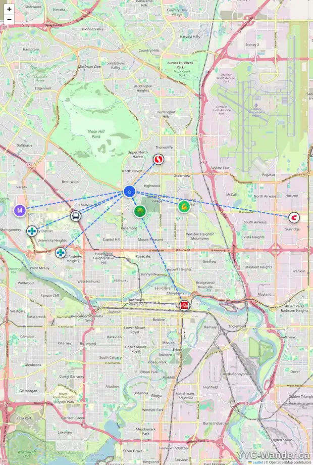 Daily accessibility map for 201 HOLLAND ST NW, Calgary showing nearby schools, grocery stores, parks, LRT stations and nearby amenities