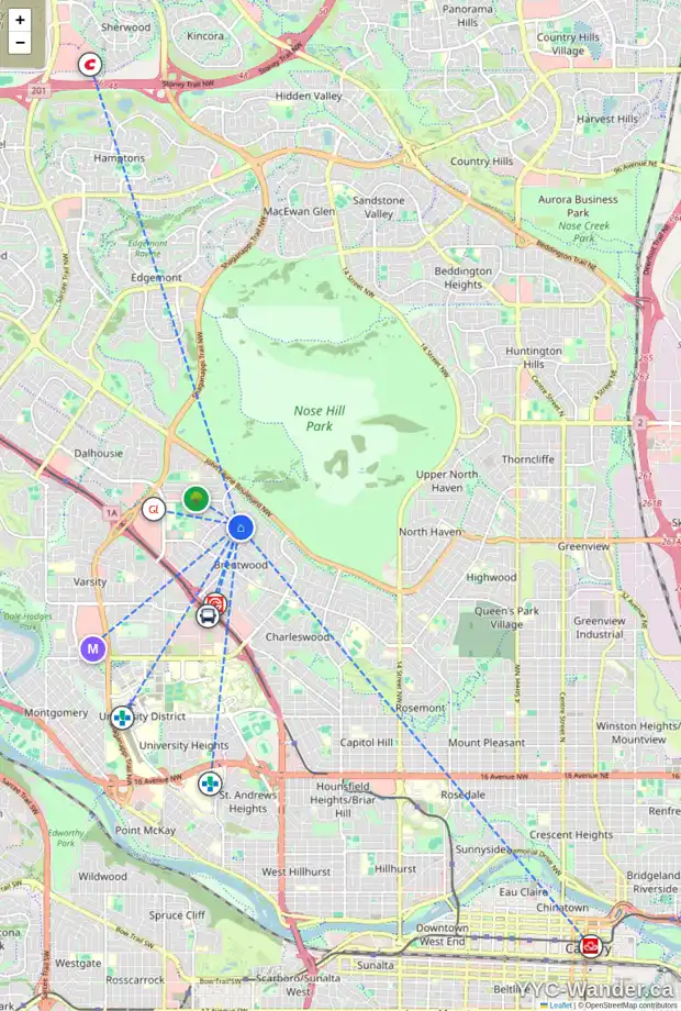 Daily accessibility map for 2815 CRAWFORD RD NW, Calgary showing nearby schools, grocery stores, parks, LRT stations and nearby amenities